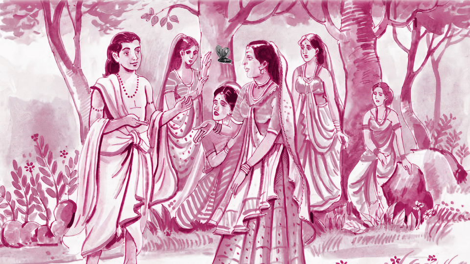 उद्धव, वन में श्रीकृष्ण के आगमन की प्रतीक्षा कर रही गोपियों को योग का संदेश सुना रहे हैं।